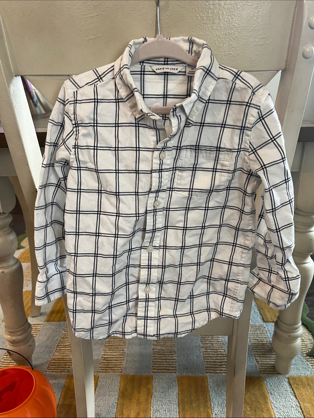 Janie and Jack White Button-Down Shirt with Navy Windowpane Plaid